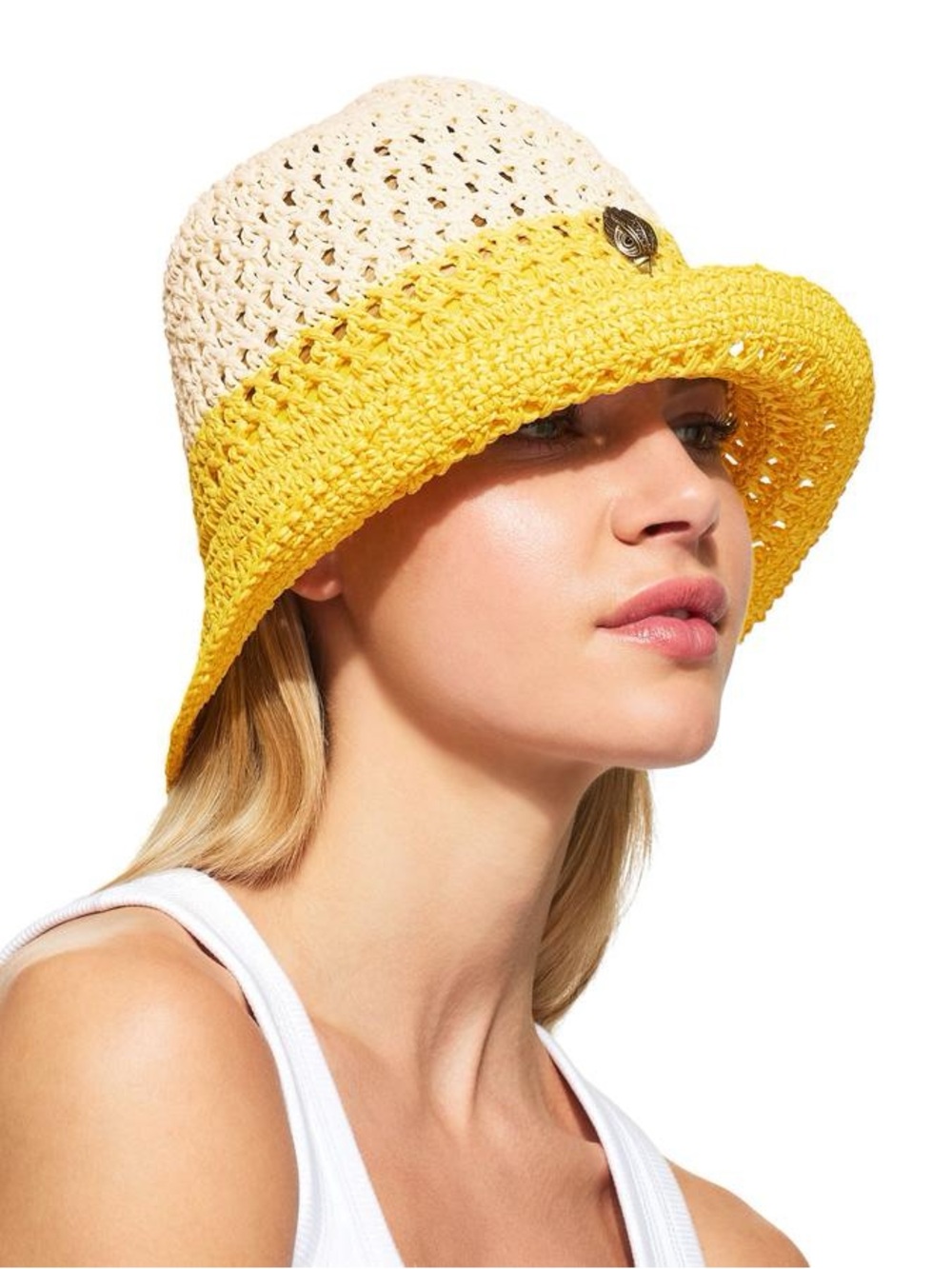 Kurt Geiger London Yellow Straw Crochet Bucket Hat Eagle Head One Size